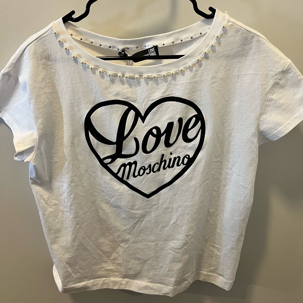 Love Moschino White Black Heart Short Sleeve Tee